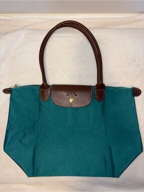 Longchamp Teal Nylon Tote with Brown Leather Trim